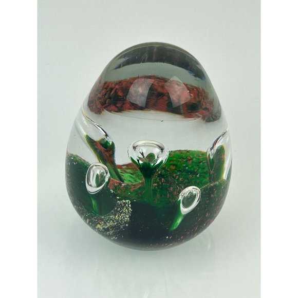 Art Glass Egg Shaped Paperweight Green Orange Controlled Bubble Office Decor - Picture 4 of 9